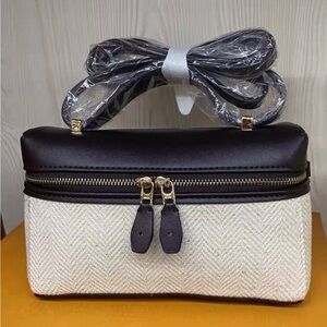 Loro Piana Cream Fabric and Black Leather Cosmetic Case with Gold Hardware